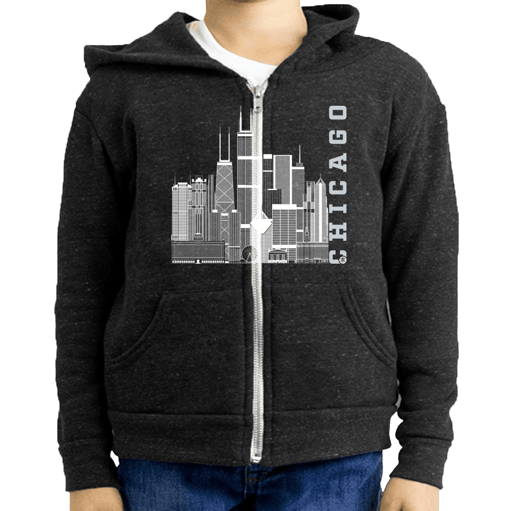 Chicago Skyline Squared Youth Fleece Zip Hoodie - White+Silver on Onyx