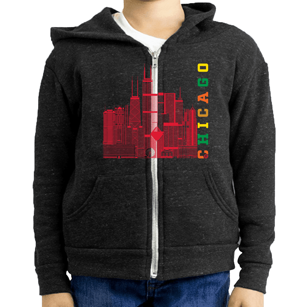 Chicago Skyline Squared Youth Fleece Zip Hoodie - Red+Multi on Onyx