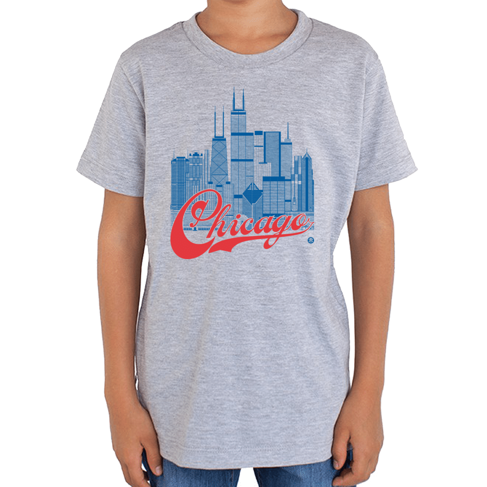 Chicago Skyline Squared Youth T-Shirt - Blue+Red on Gray