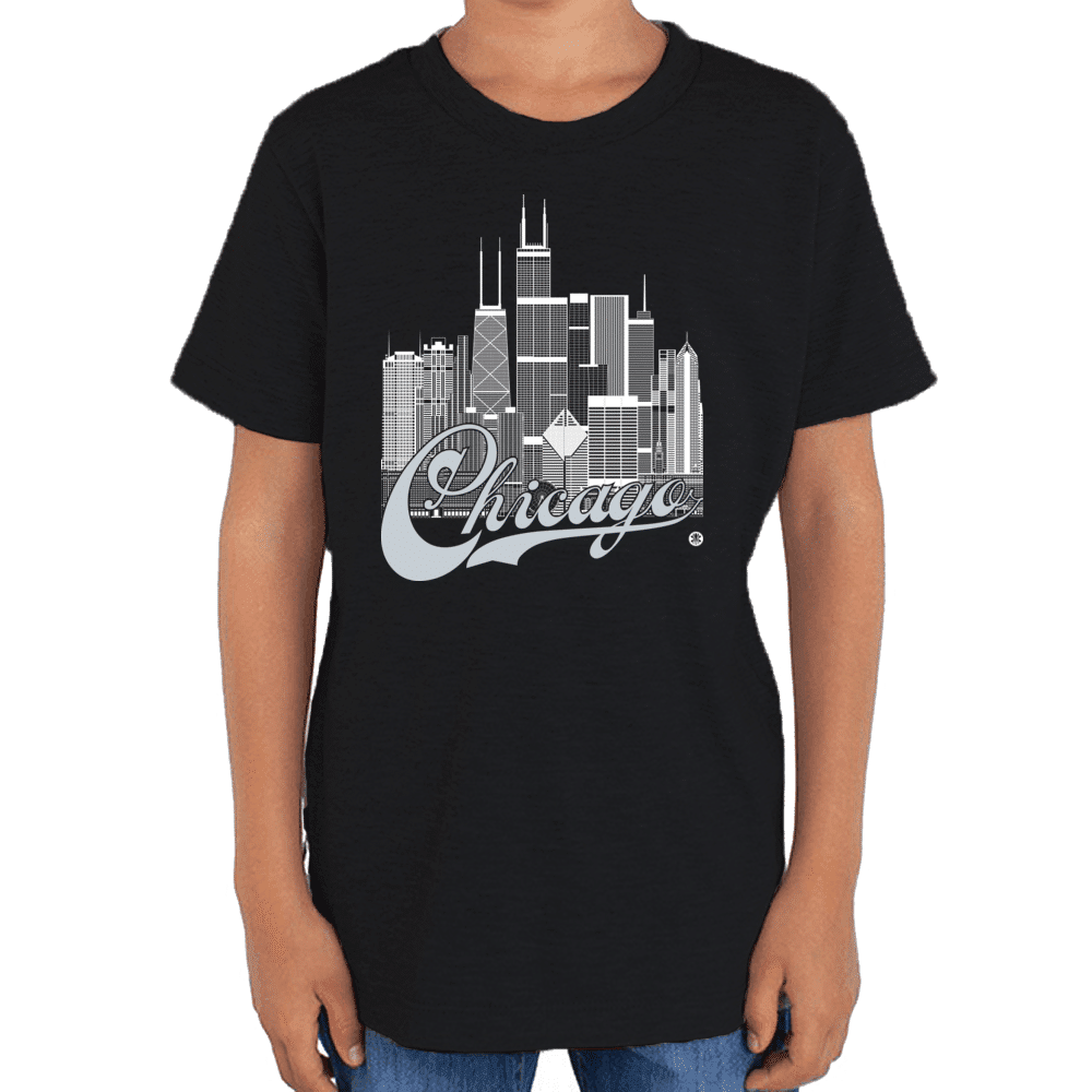 Chicago Skyline Squared Youth T-Shirt - White+Silver on Black