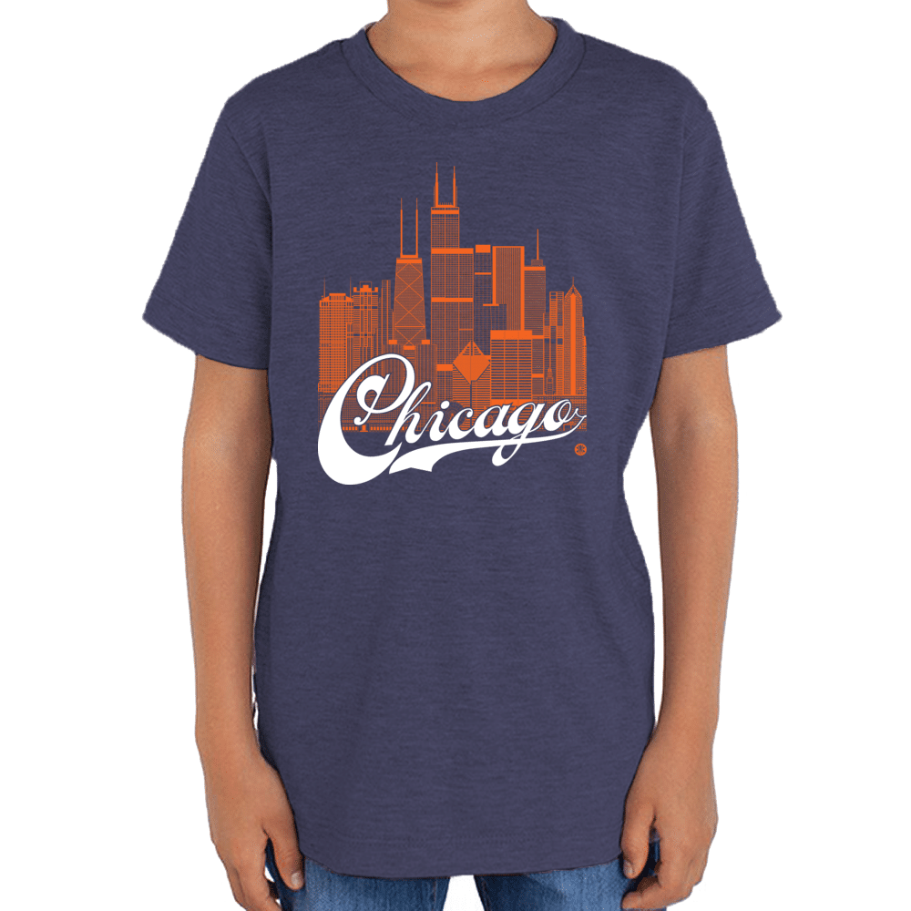 Chicago Skyline Squared Youth T-Shirt - Orange+White on Navy