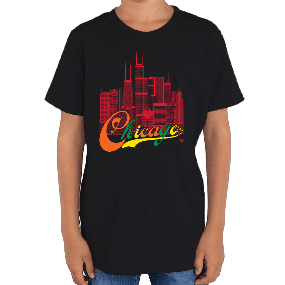 Chicago Skyline Squared  Youth T-Shirt - Red+Multi on Black