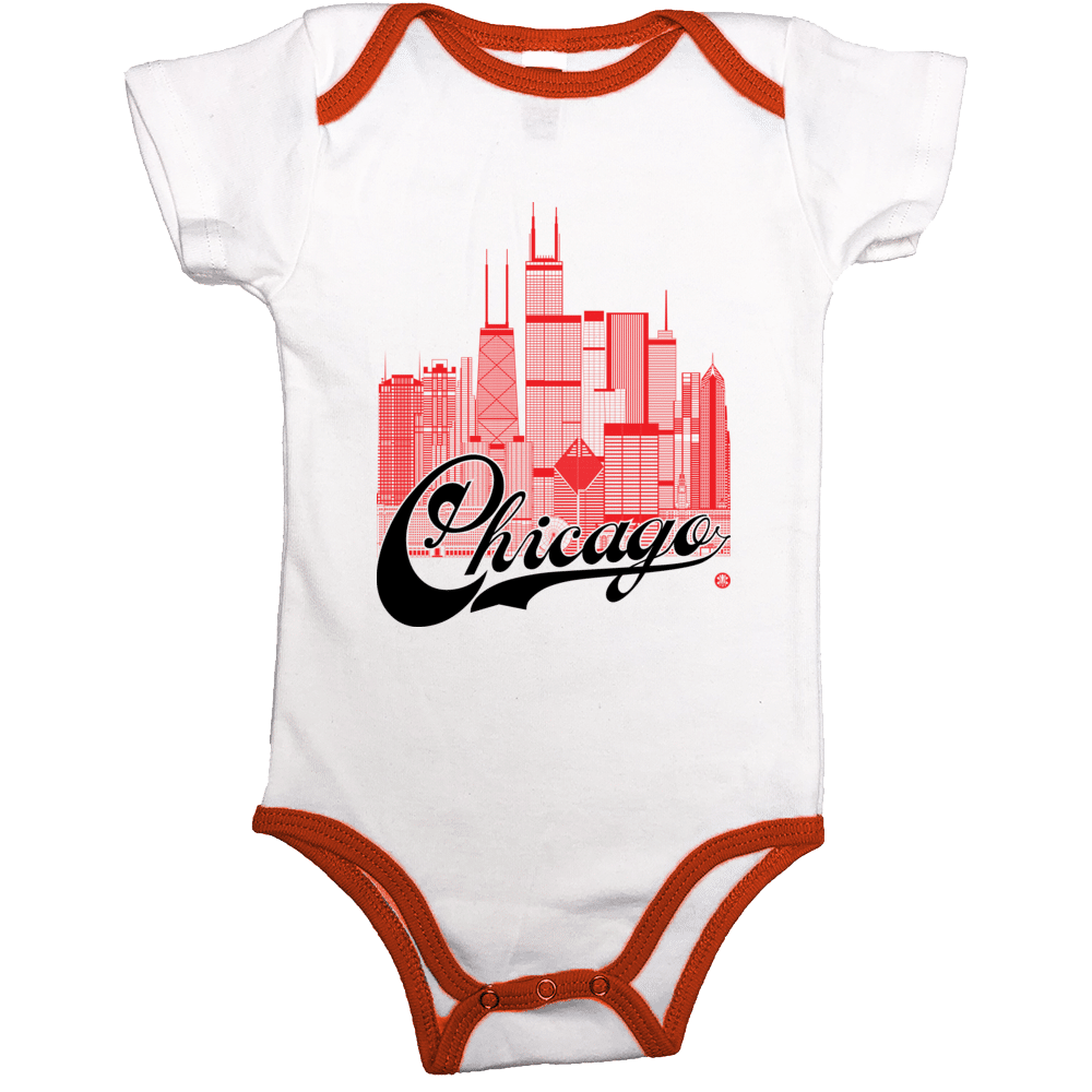 Chicago Skyline Squared Onesie - Red+Black on White+Red