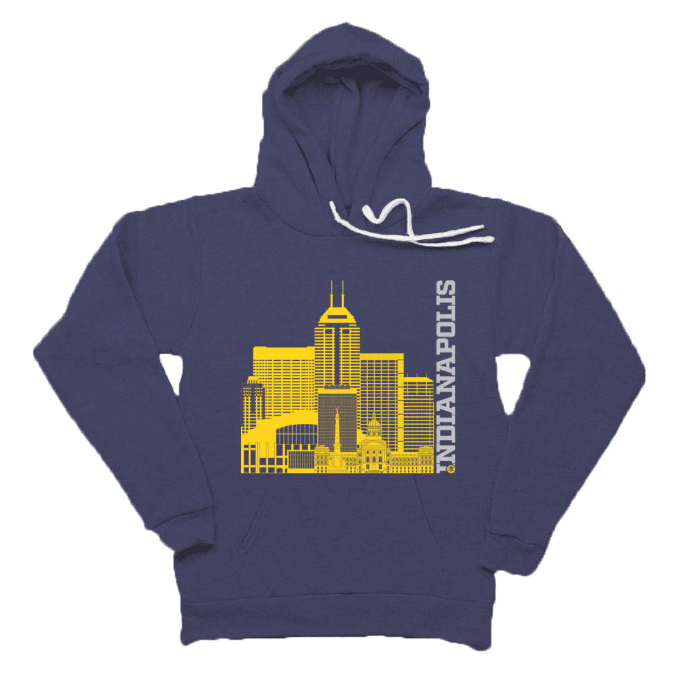 Indianapolis Skyline Squared Pullover Fleece - Yellow+Silver on Navy