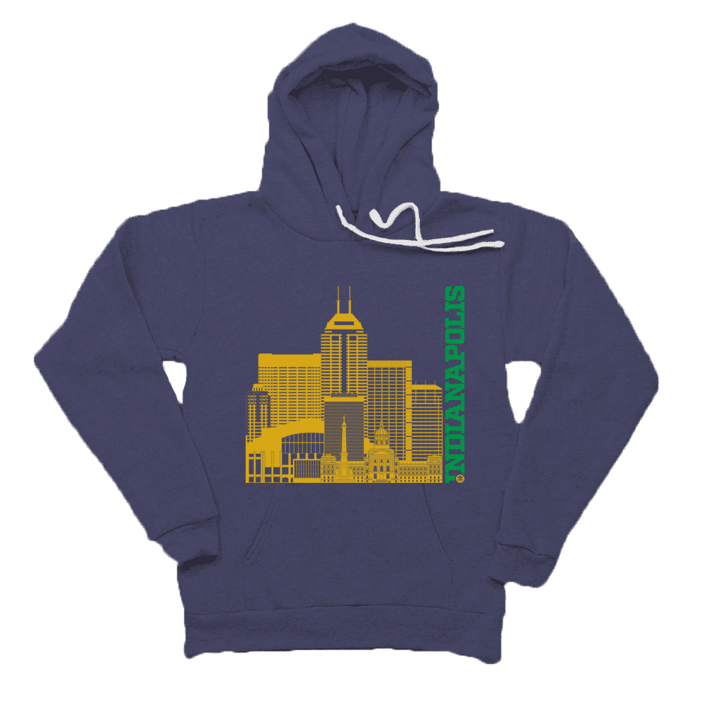 Indianapolis Skyline Squared Pullover Fleece - Gold+Green on Navy