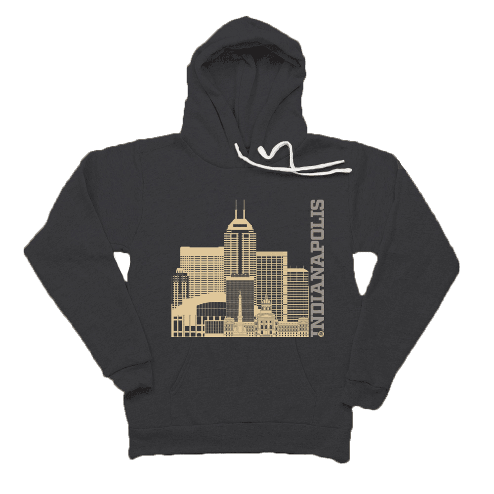 Indianapolis Skyline Squared Pullover Fleece - Old Gold+Gray on Black