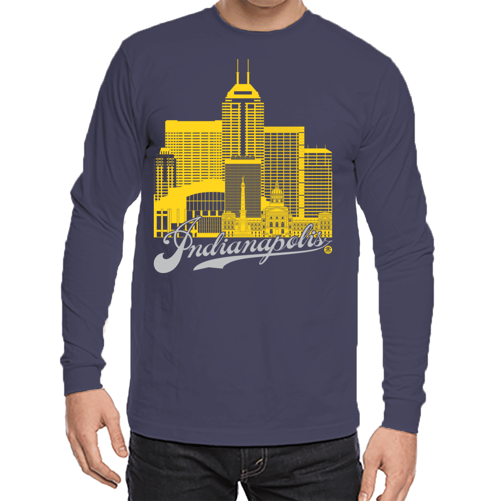 Indianapolis Skyline Squared Long Sleeve Tee - Yellow+Silver on Navy