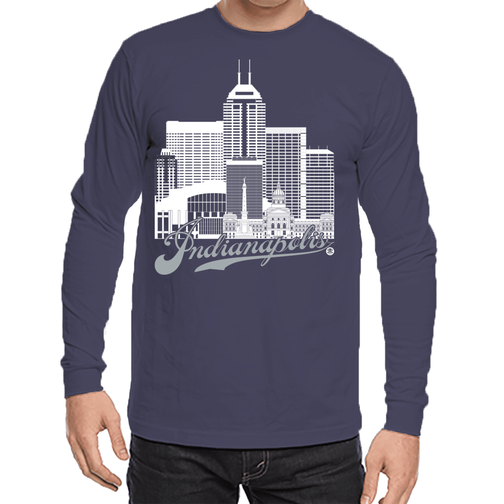Indianapolis Skyline Squared Long Sleeve Tee - White+Silver on Navy
