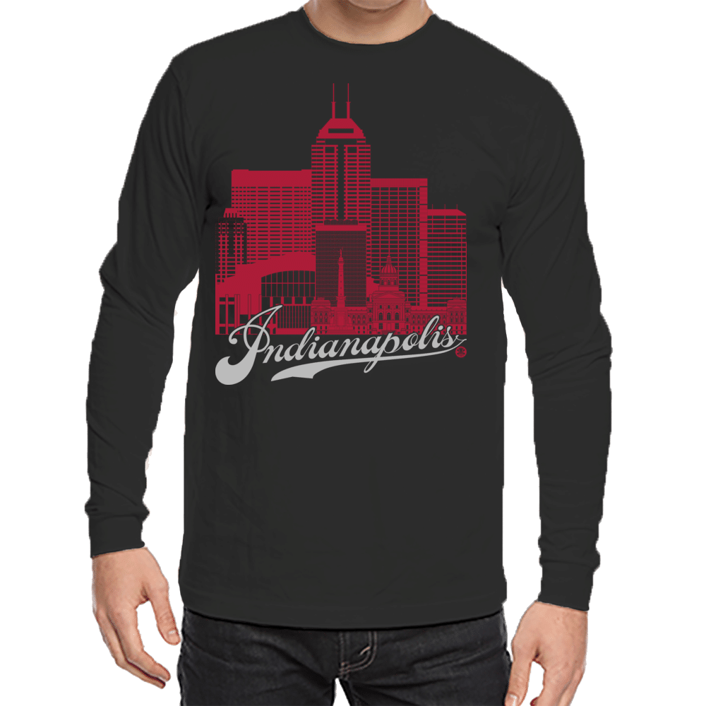 Indianapolis Skyline Squared Long Sleeve Tee - Crimson+Gray on Black