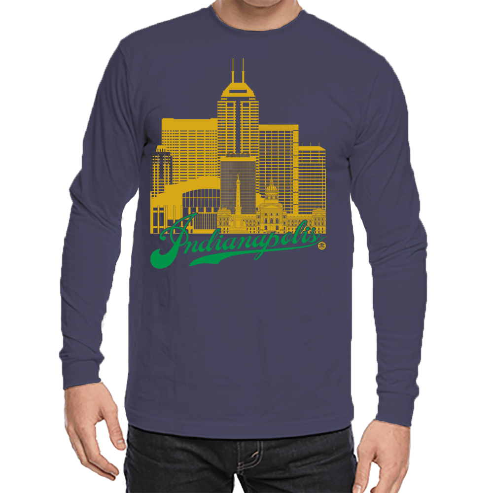 Indianapolis Skyline Squared Long Sleeve Tee - Gold+Green on Navy