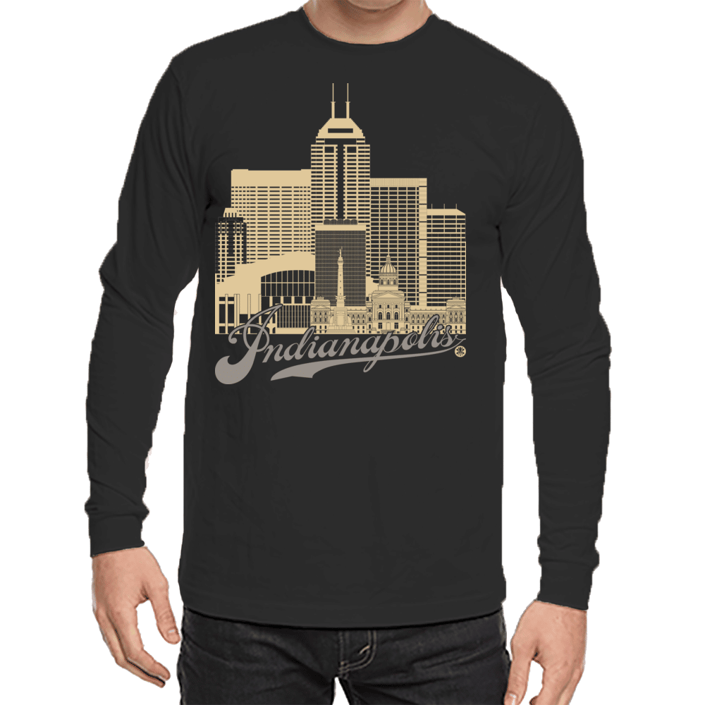 Indianapolis Skyline Squared Long Sleeve Tee - Old Gold+Gray on Black