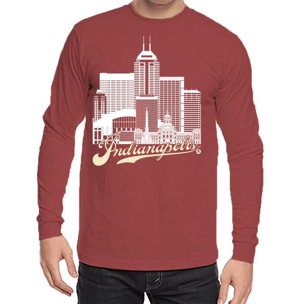 Indianapolis Skyline Squared Long Sleeve Tee - White+Cream on Red