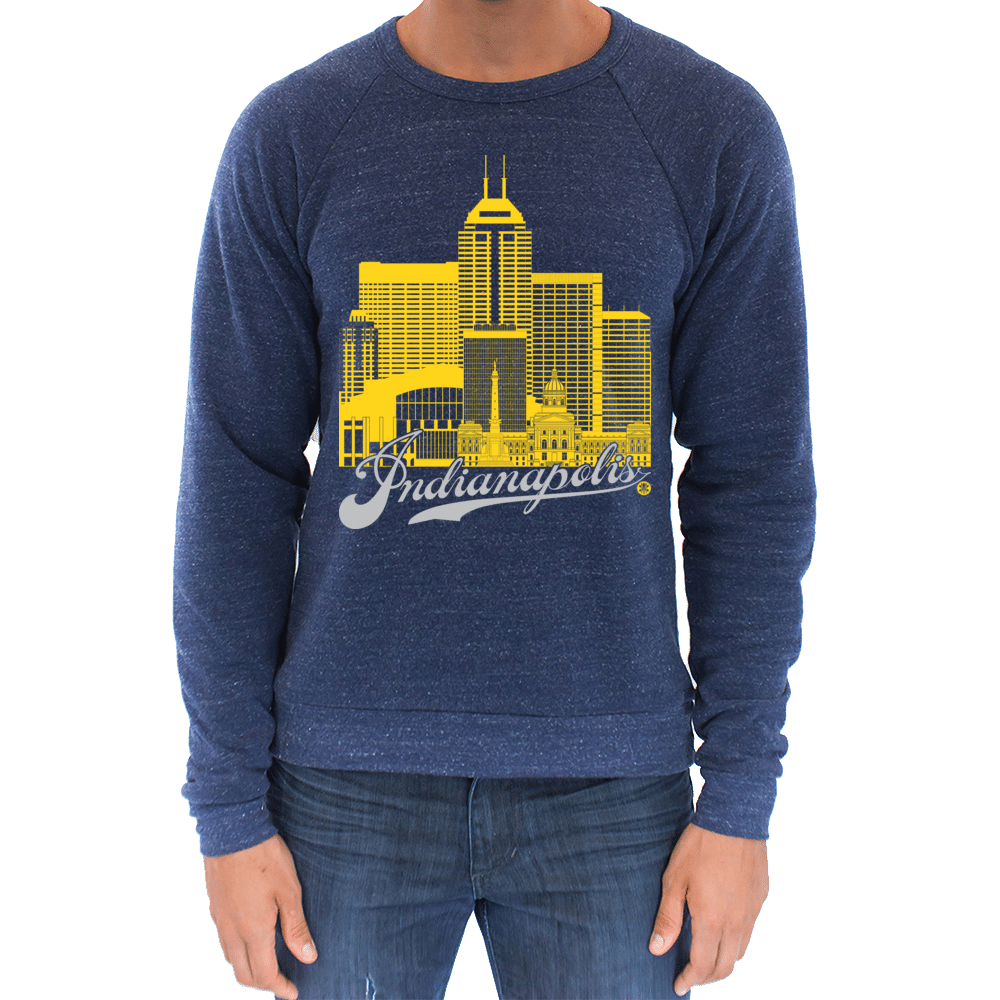 Indianapolis Skyline Squared Raglan Sweatshirt - Yellow+Silver on Navy