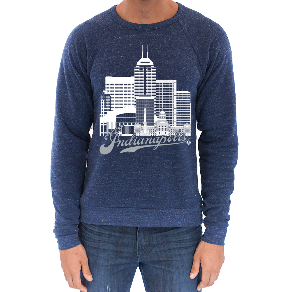 Indianapolis Skyline Squared Raglan Sweatshirt - White+Silver on Navy