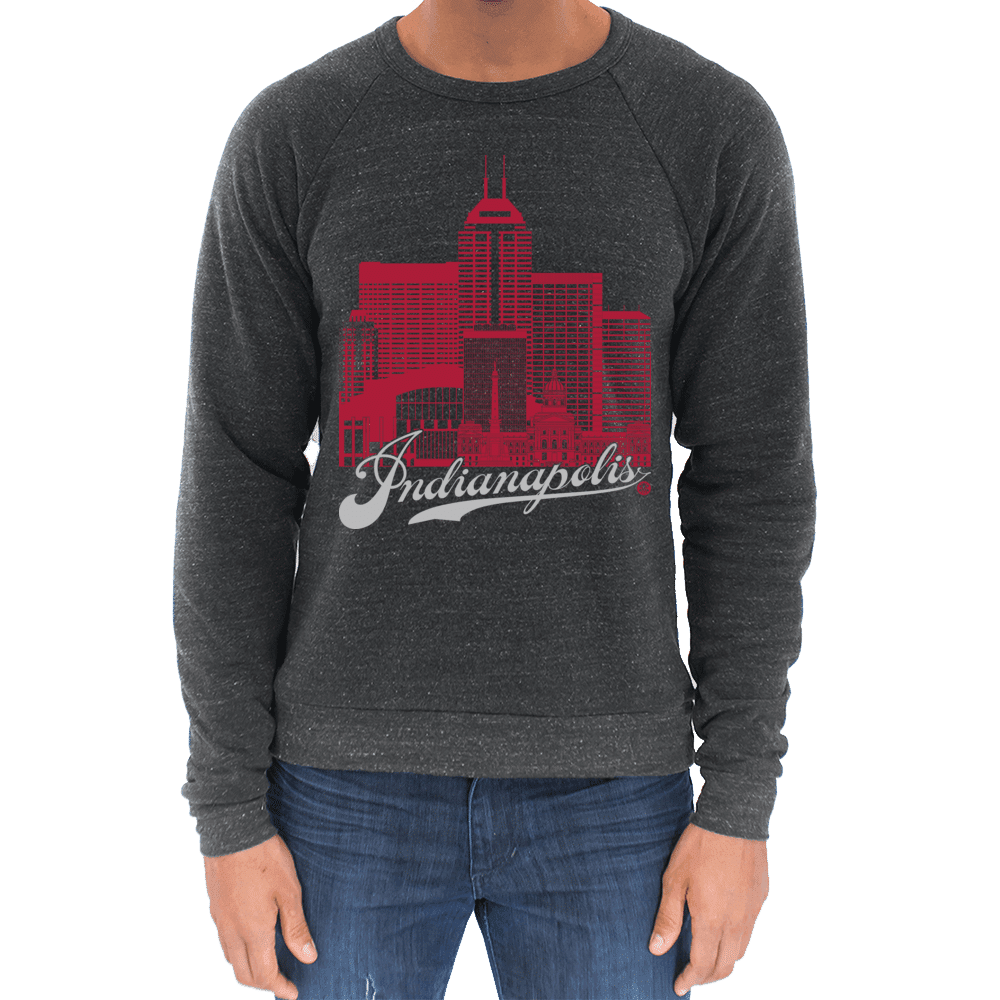 Indianapolis Skyline Squared Raglan Sweatshirt - Crimson+Gray on Onyx
