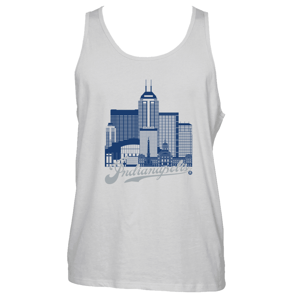 Indianapolis Skyline Squared Tank Top - Blue+Silver on White