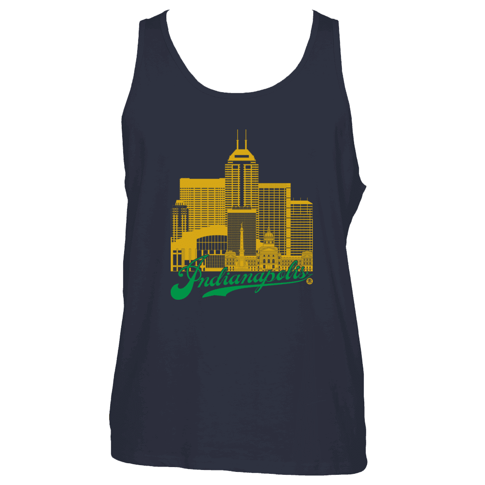 Indianapolis Skyline Squared Tank Top - Gold+Green on Navy