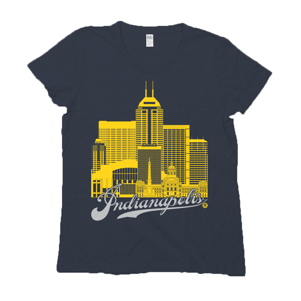 Indianapolis Skyline Squared Women's Tee - Yellow+Silver on Navy