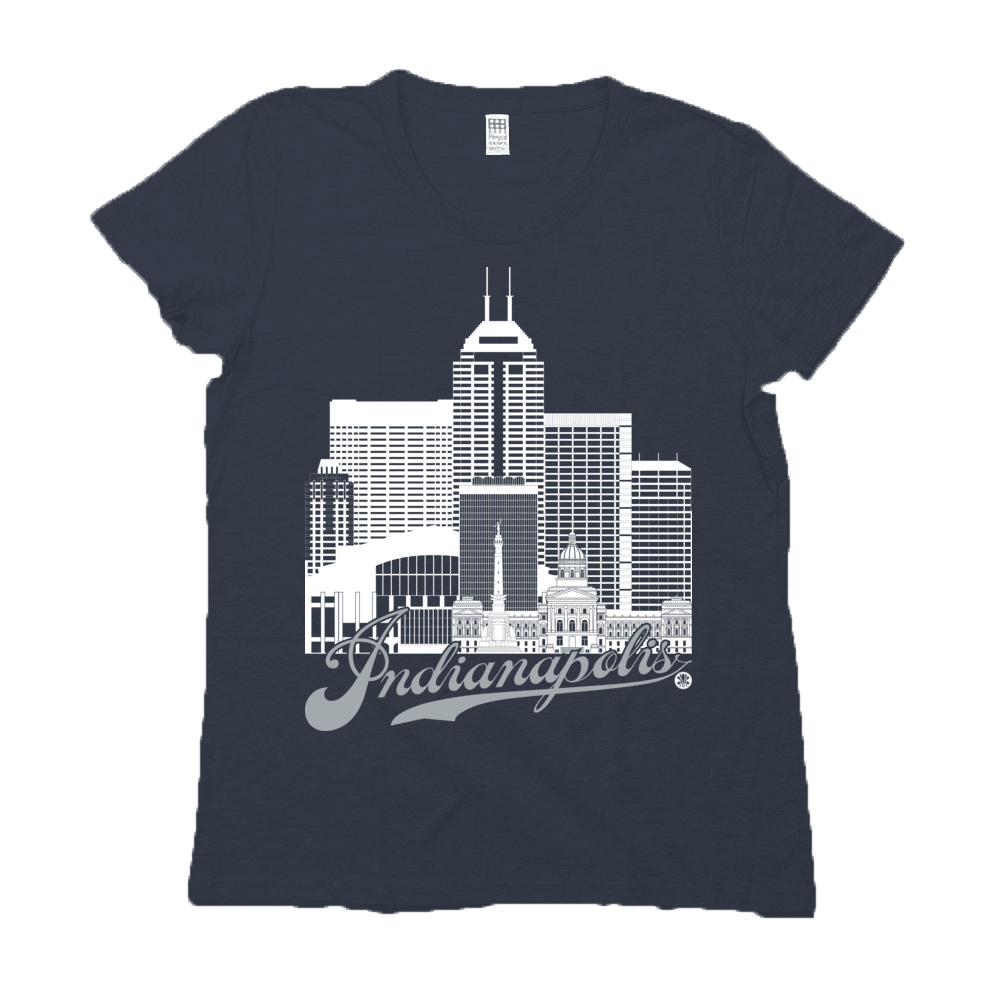 Indianapolis Skyline Squared Women's Tee - White+Silver on Navy