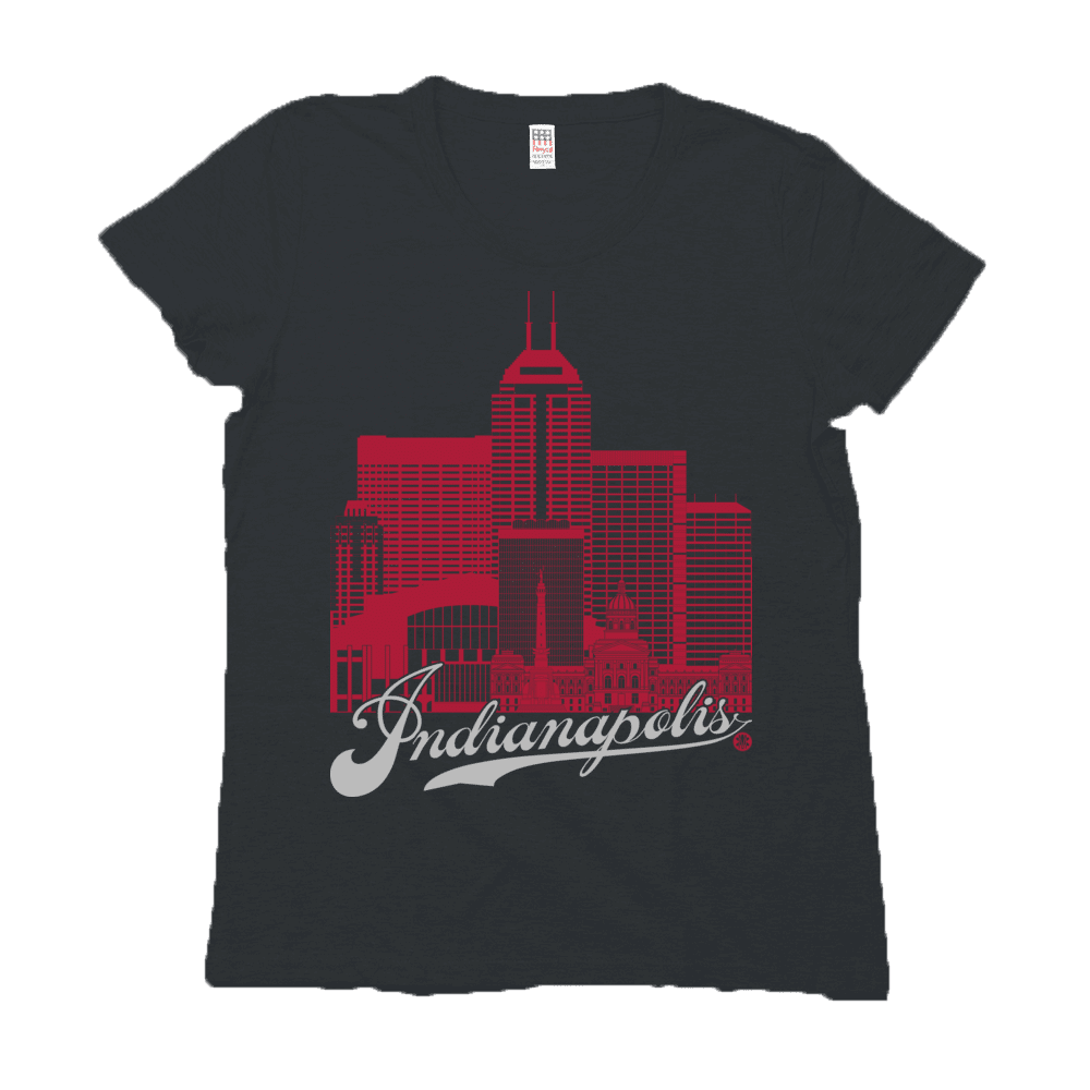 Indianapolis Skyline Squared Women's Tee - Crimson+Gray on Black