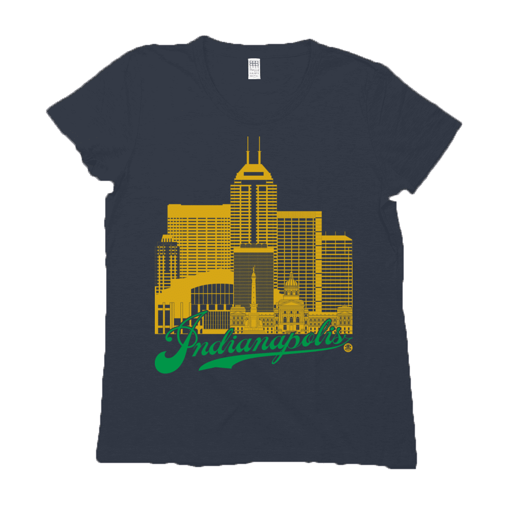 Indianapolis Skyline Squared Women's Tee - Gold+Green on Navy