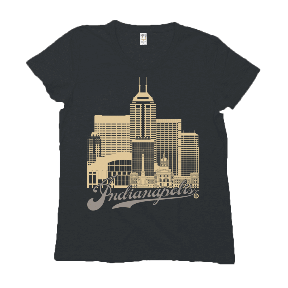 Indianapolis Skyline Squared Women's Tee - Old Gold+Gray on Black
