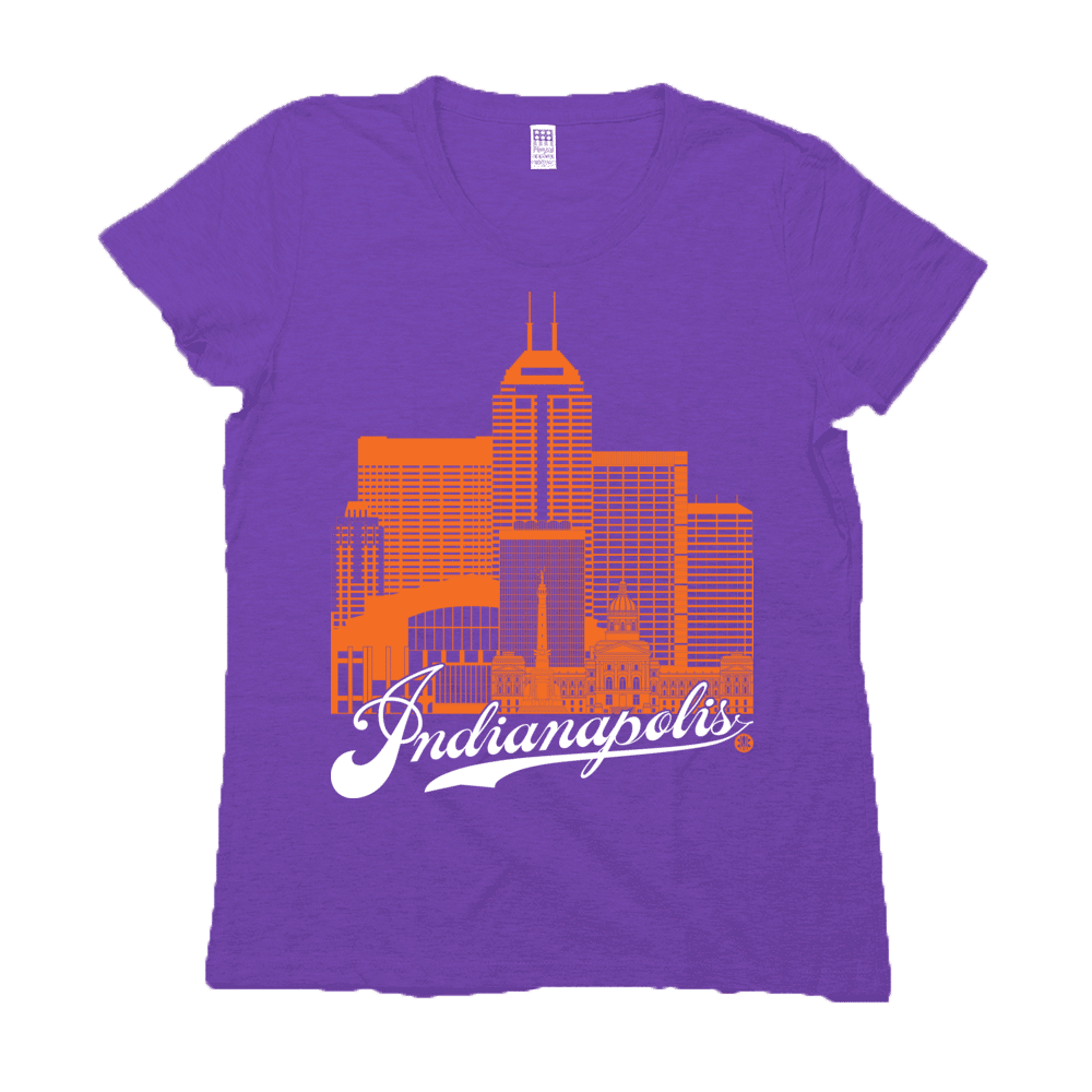 Indianapolis Skyline Squared Women's Tee - Orange+White on Purple
