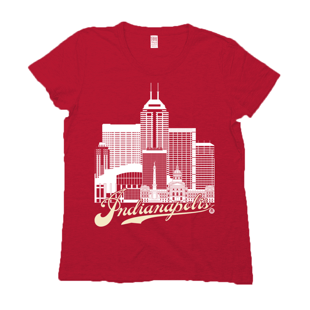 Indianapolis Skyline Squared Women's Tee - White+Cream on Red