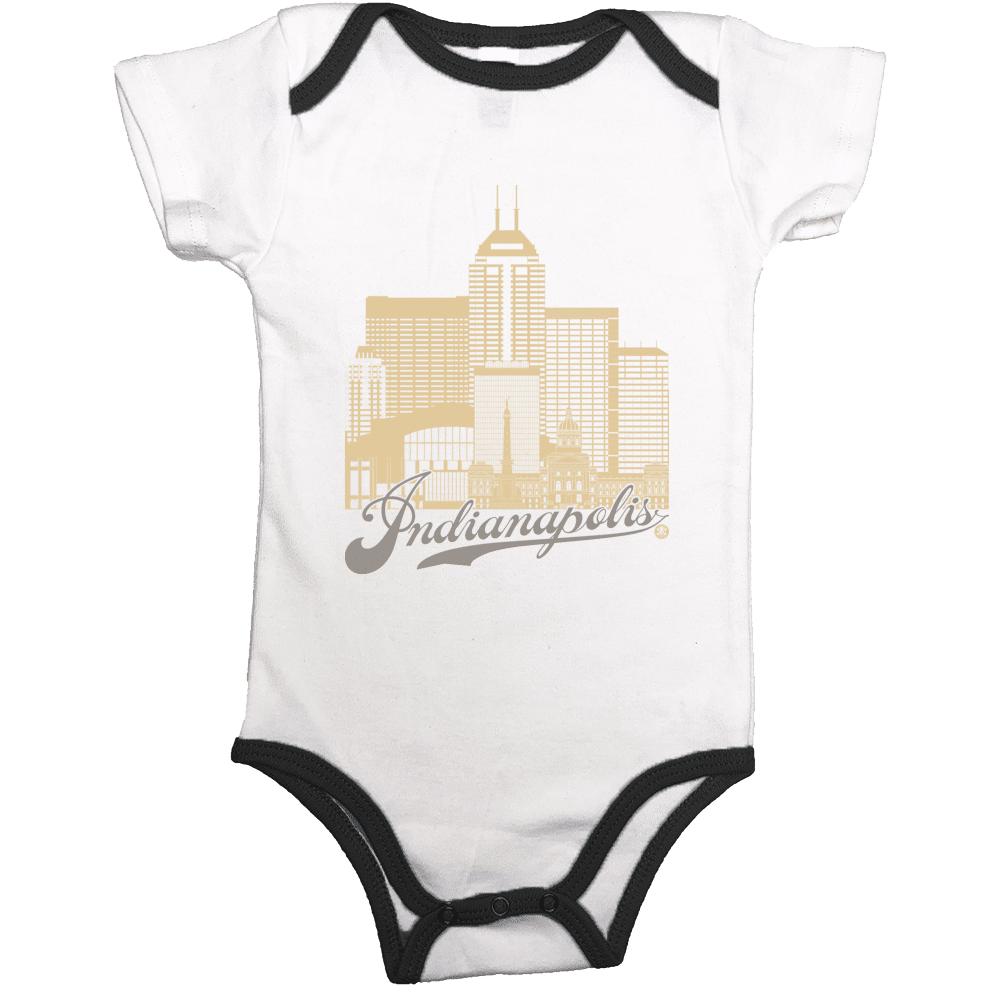 Indianapolis Skyline Squared Onesie - Old Gold+Gray on White+Black
