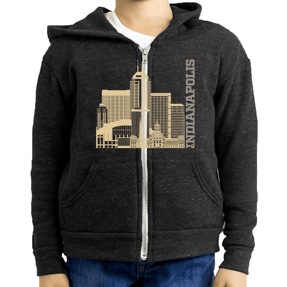 Indianapolis Skyline Squared Youth Fleece Zip Hoodie - Old Gold+Gray on Onyx