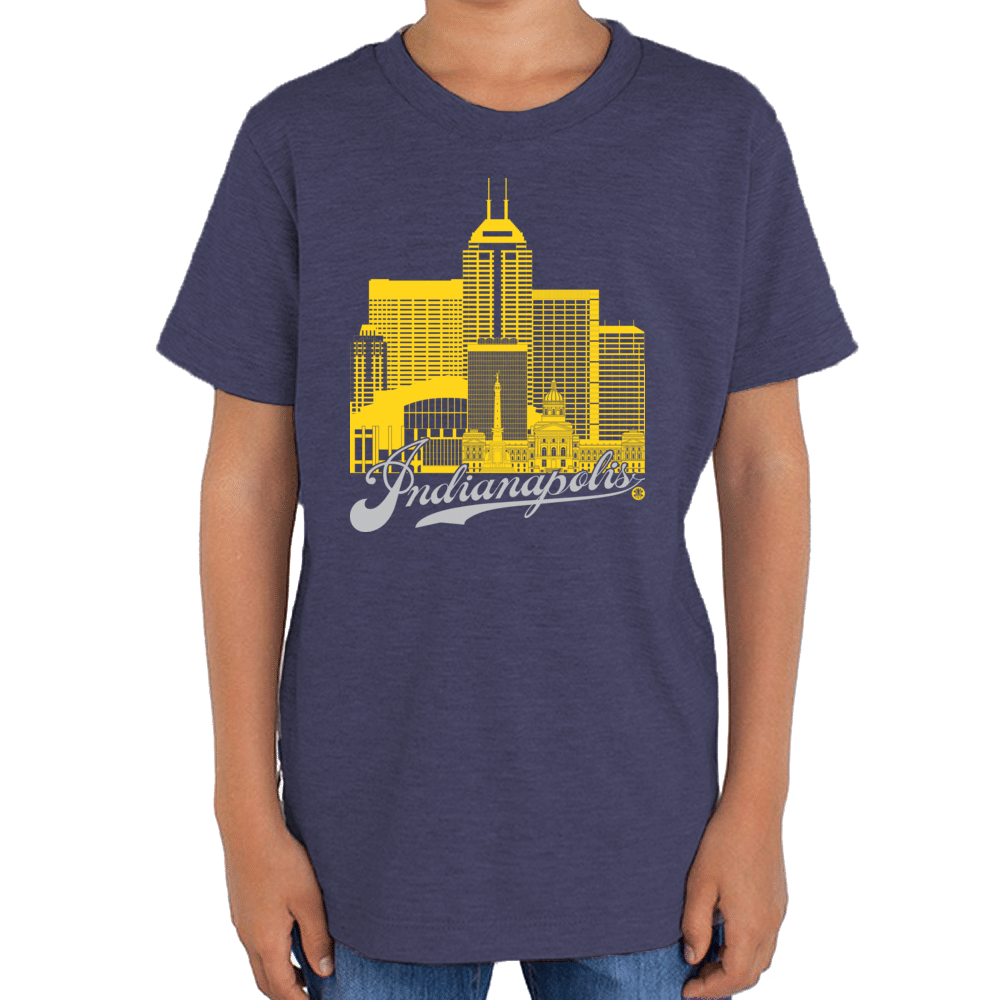 Indianapolis Skyline Squared Youth T-Shirt - Yellow+Silver on Navy