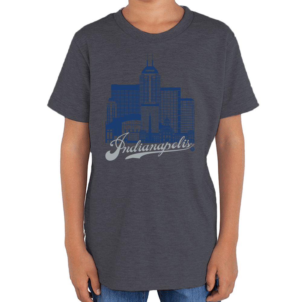 Indianapolis Skyline Squared Youth T-Shirt - Blue+Silver on Asphalt