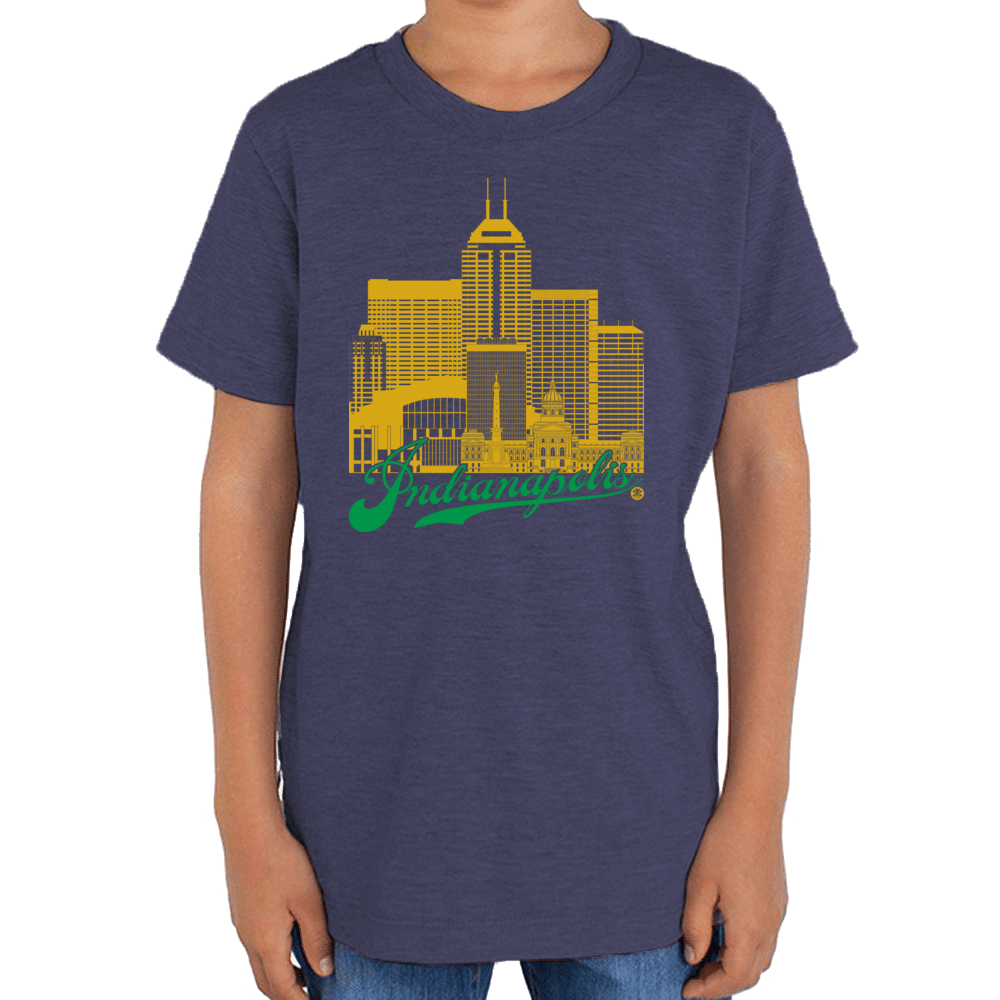 Indianapolis Skyline Squared Youth T-Shirt - Green+Gold on Navy