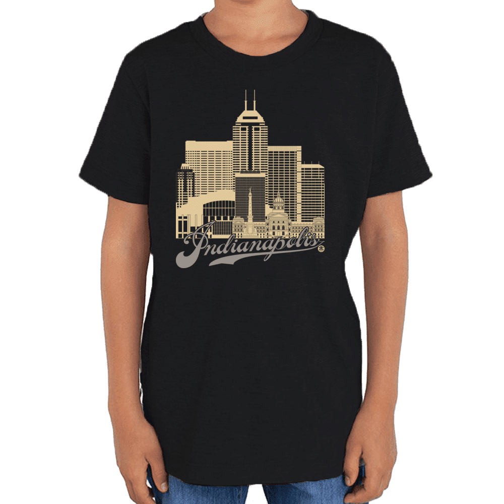 Indianapolis Skyline Squared Youth T-Shirt - Old Gold+Gray on Black
