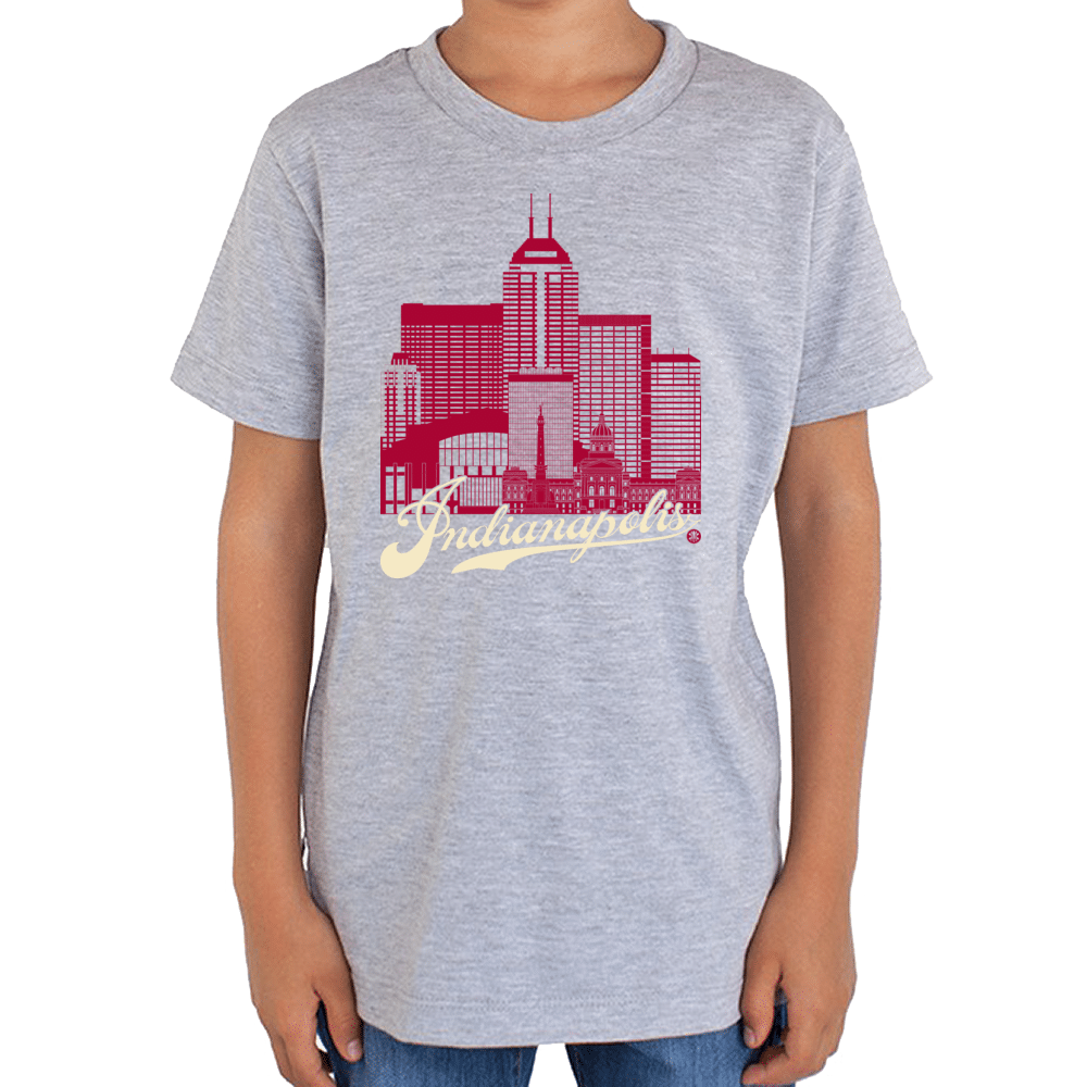 Indianapolis Skyline Squared Youth T-Shirt - Crimson+Cream on Gray