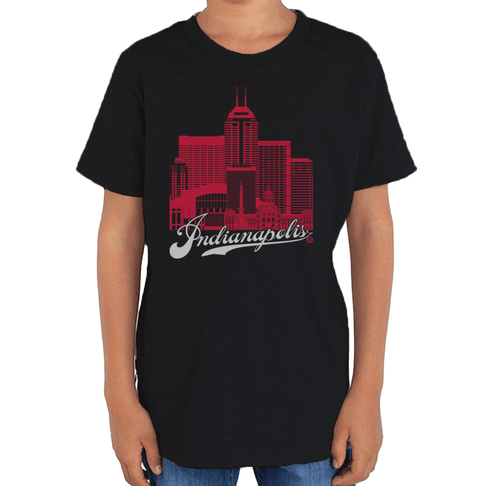 Indianapolis Skyline Squared Youth T-Shirt - Crimson+Gray on Black