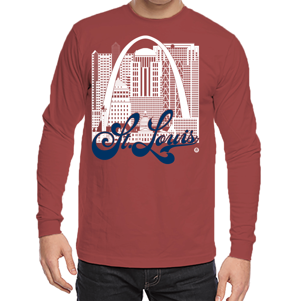St. Louis Skyline Squared Long Sleeve Tee - White+Navy on Red