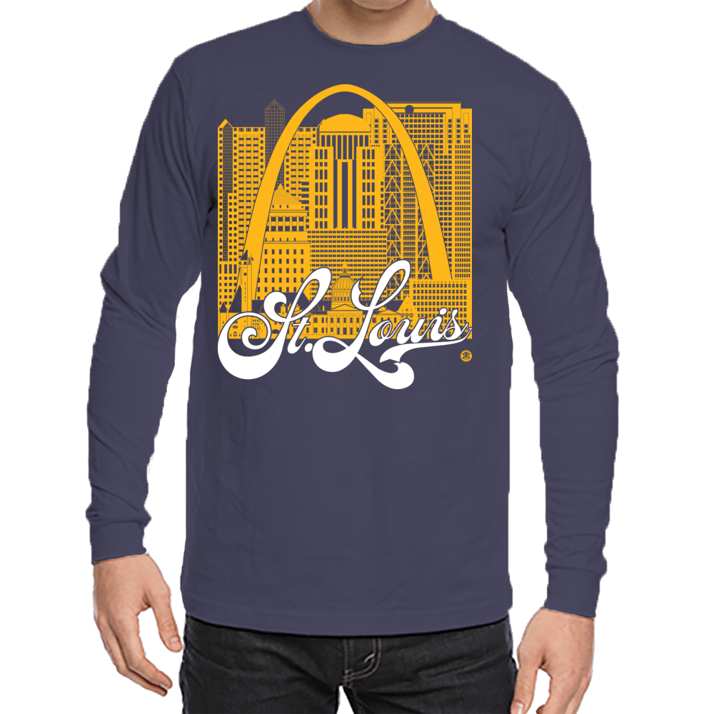 St. Louis Skyline Squared Long Sleeve Tee - Yellow+White on Navy