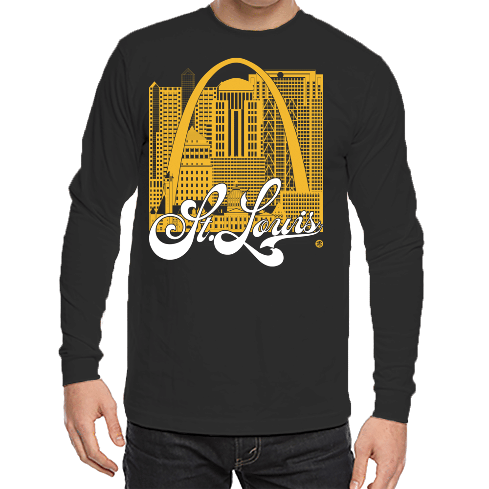 St. Louis Skyline Squared Long Sleeve Tee - Yellow+White on Black