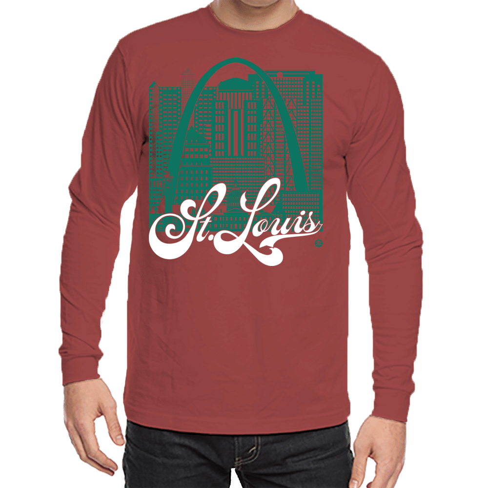 St. Louis Skyline Squared Long Sleeve Tee - Green+White on Red