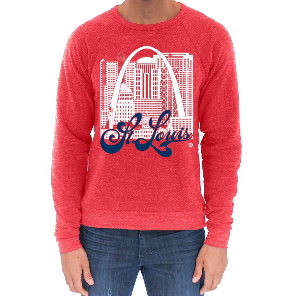 St. Louis Skyline Squared Raglan Sweatshirt - White+Navy on Red
