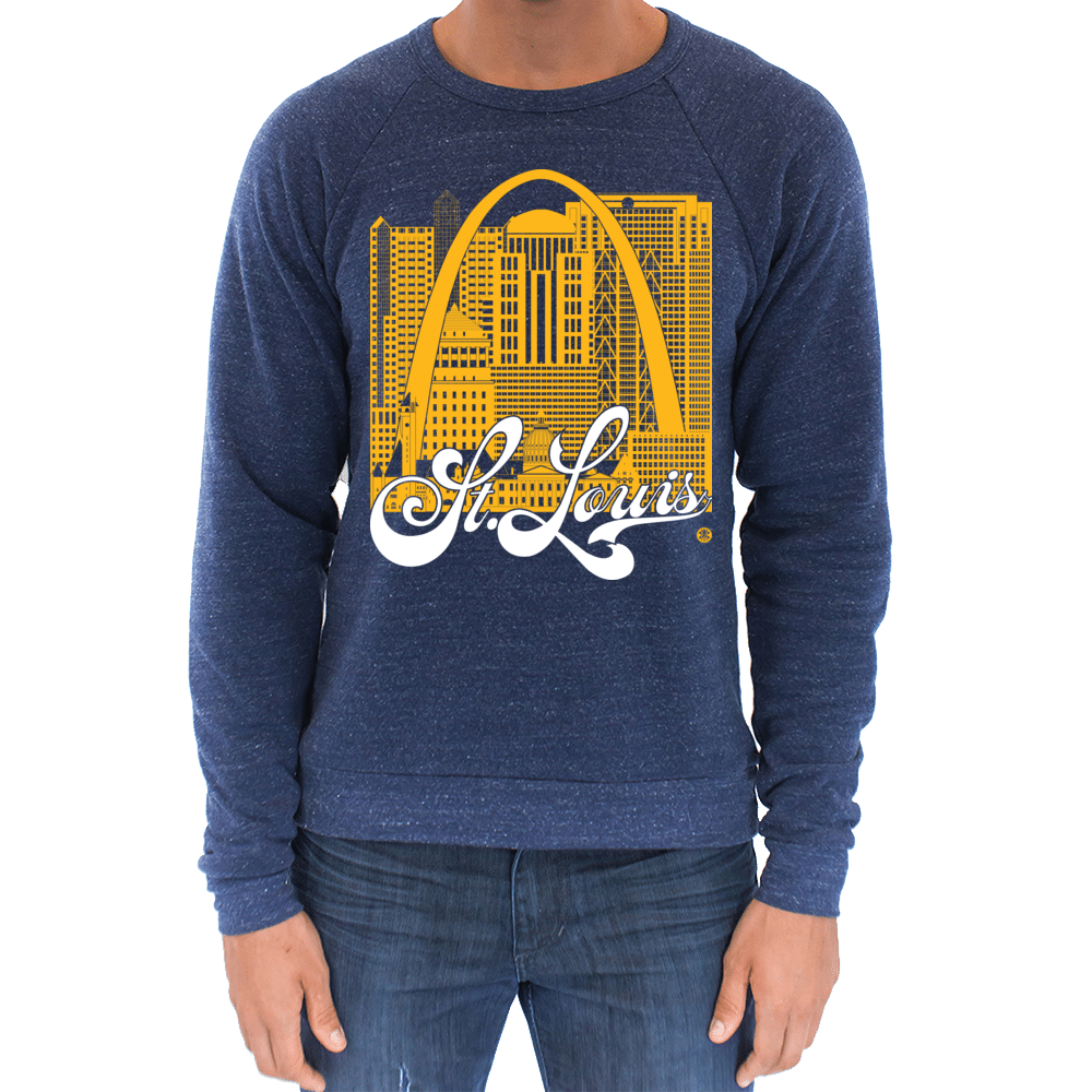 St. Louis Skyline Squared Raglan Sweatshirt - Yellow+White on Navy