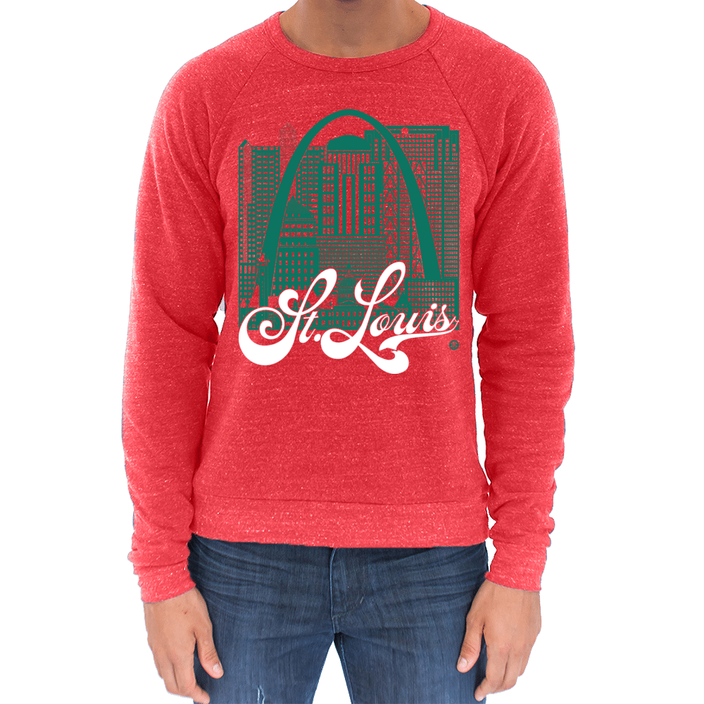 St. Louis Skyline Squared Raglan Sweatshirt - Green+White on Red