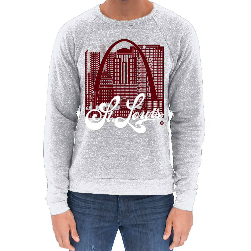 St. Louis Skyline Squared Raglan Sweatshirt - Maroon+White on Ash`
