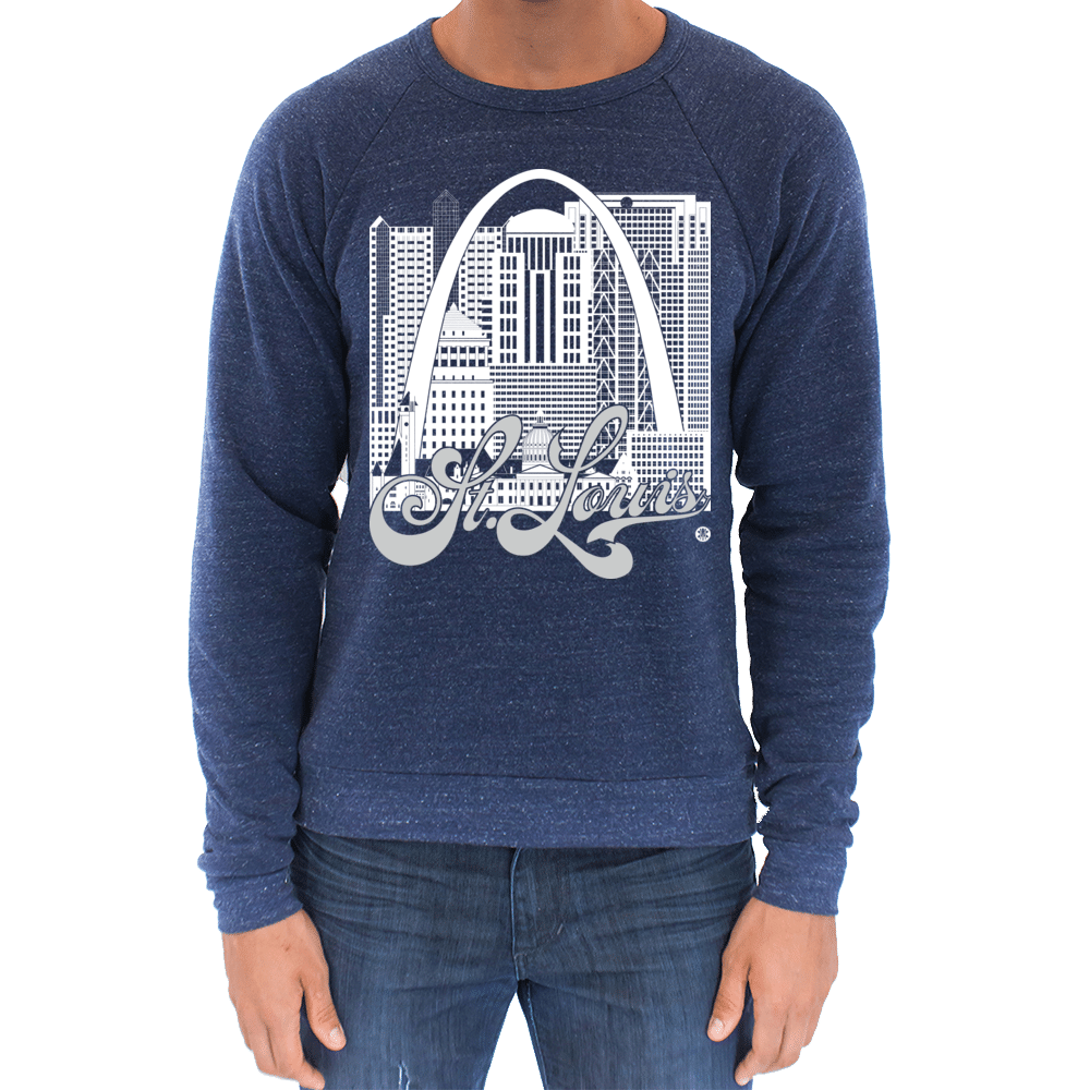 St. Louis Skyline Squared Raglan Sweatshirt - White+Silver on Navy`