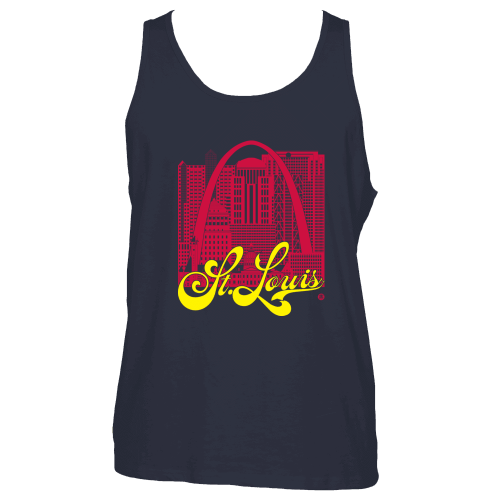 St. Louis Skyline Squared Tank Top - Red+Yellow on Navy
