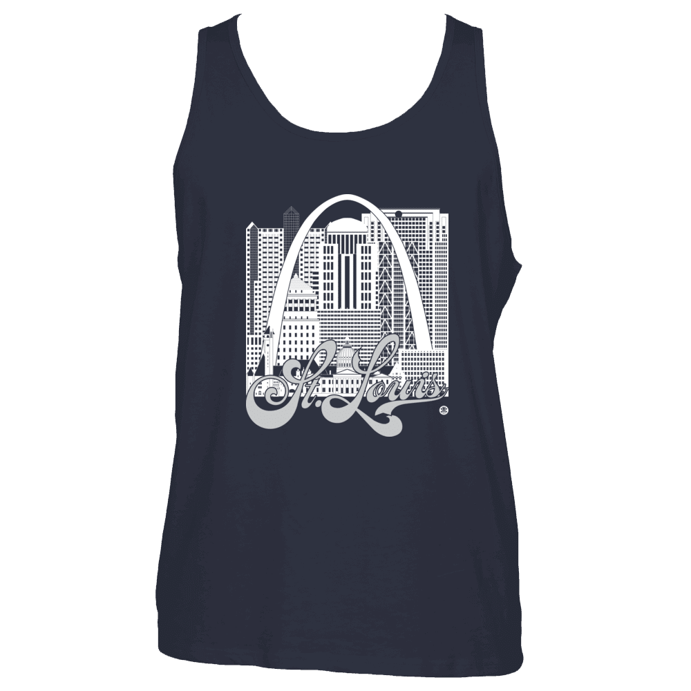 St. Louis Skyline Squared Tank Top - White+Silver on Navy