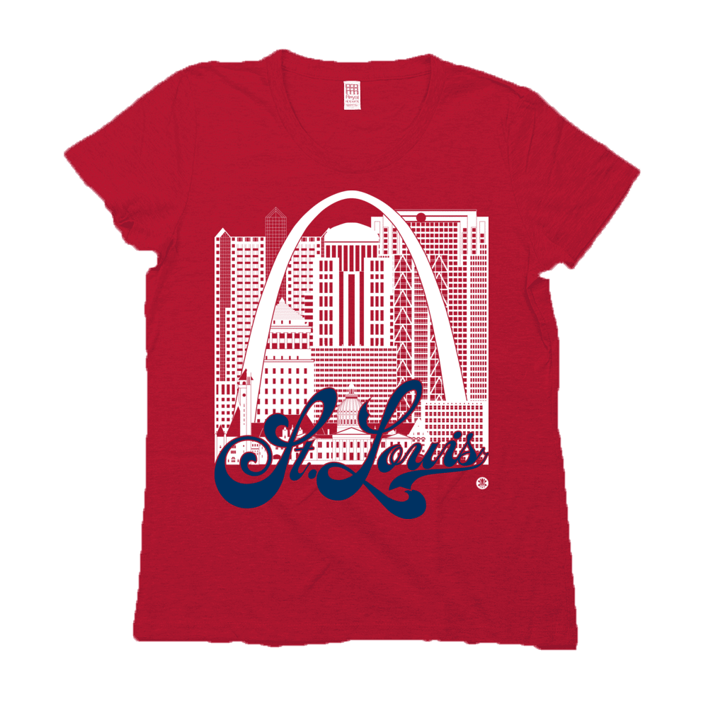 St. Louis Skyline Squared Women's T-Shirt - White+Navy on Red