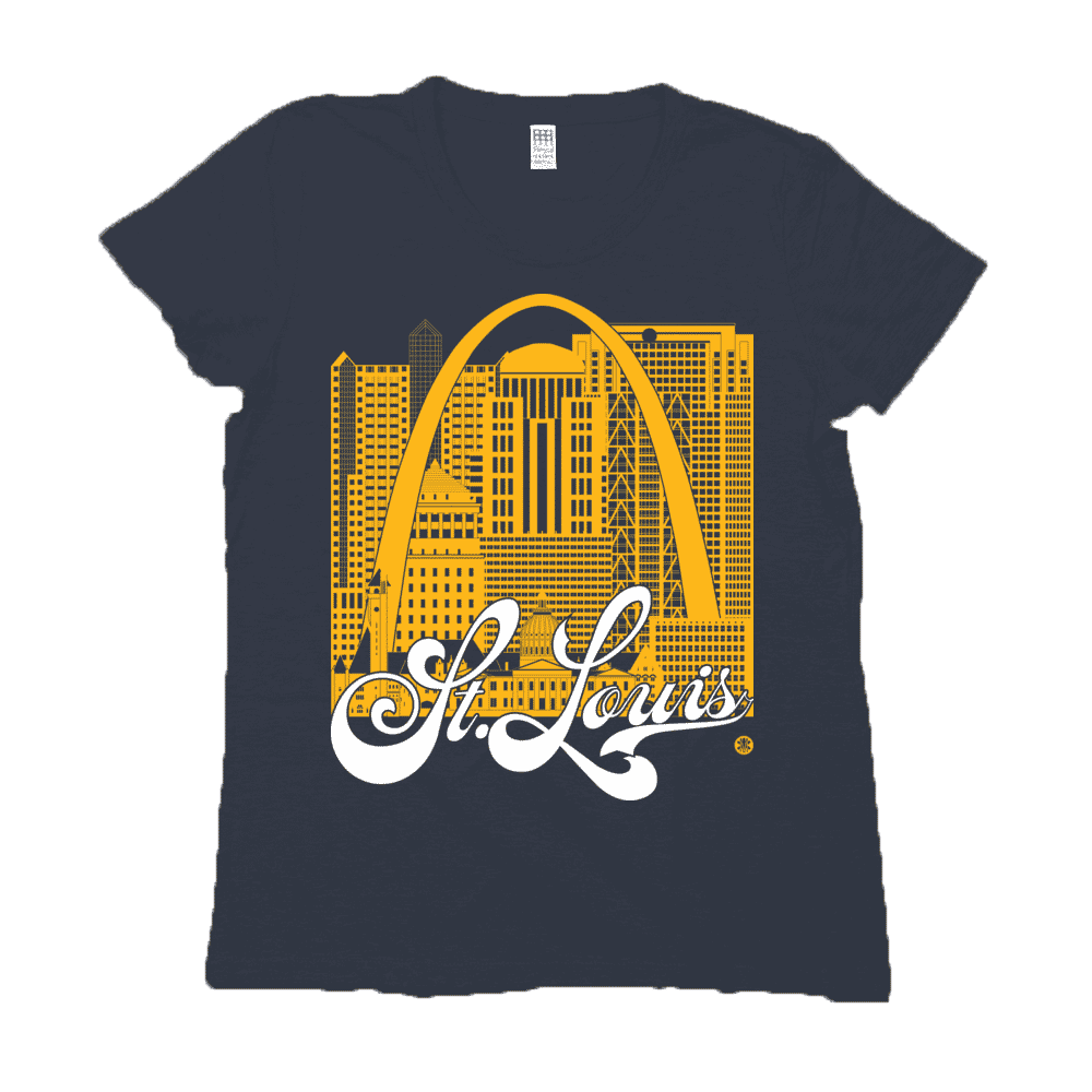 St. Louis Skyline Squared Women's T-Shirt - Yellow+White on Navy