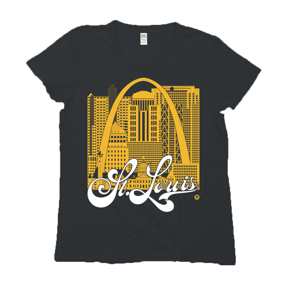St. Louis Skyline Squared Women's T-Shirt - Yellow+White on Black
